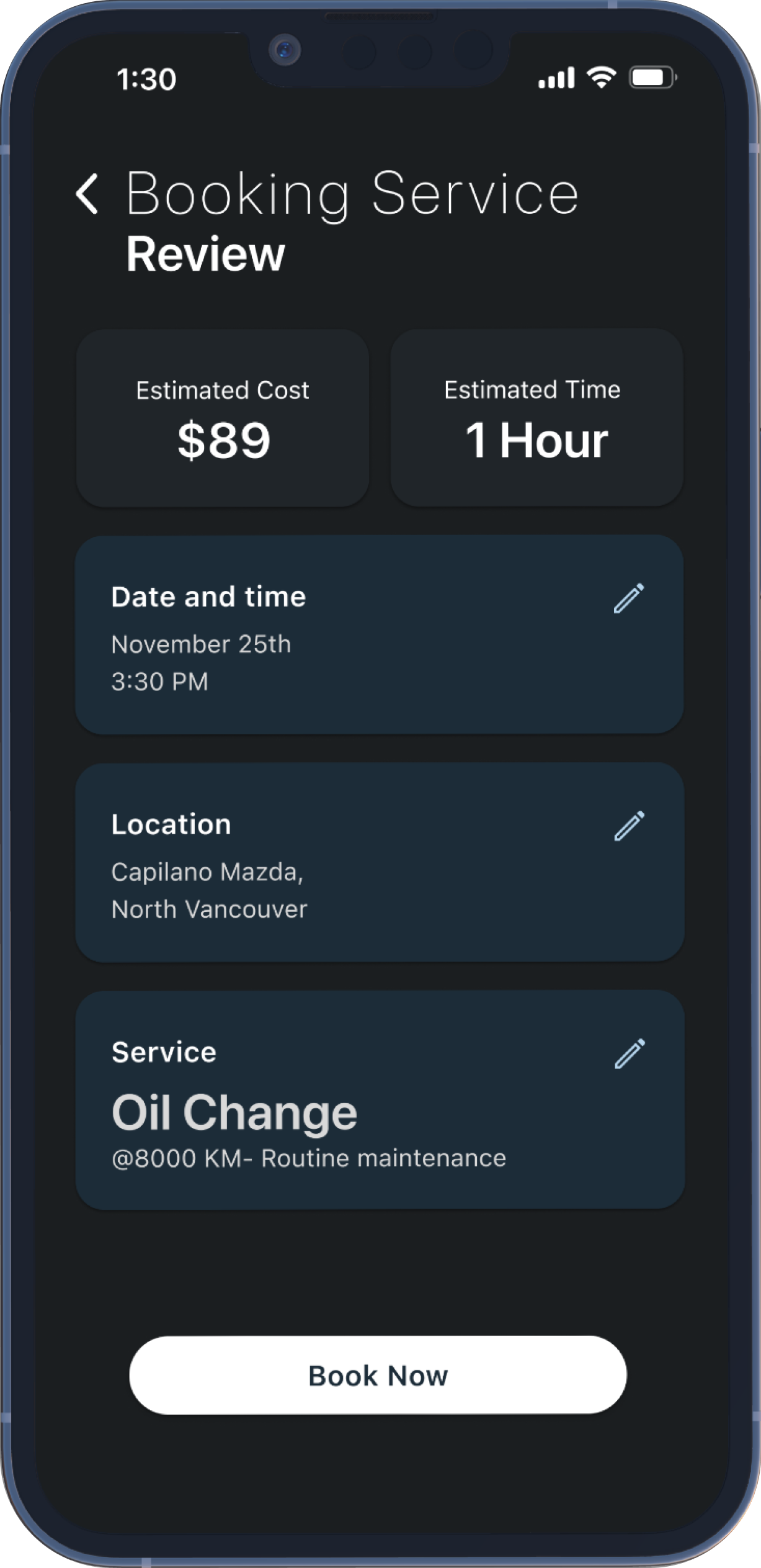 A screenshot of the service booking screen, identifying estimated cost and time