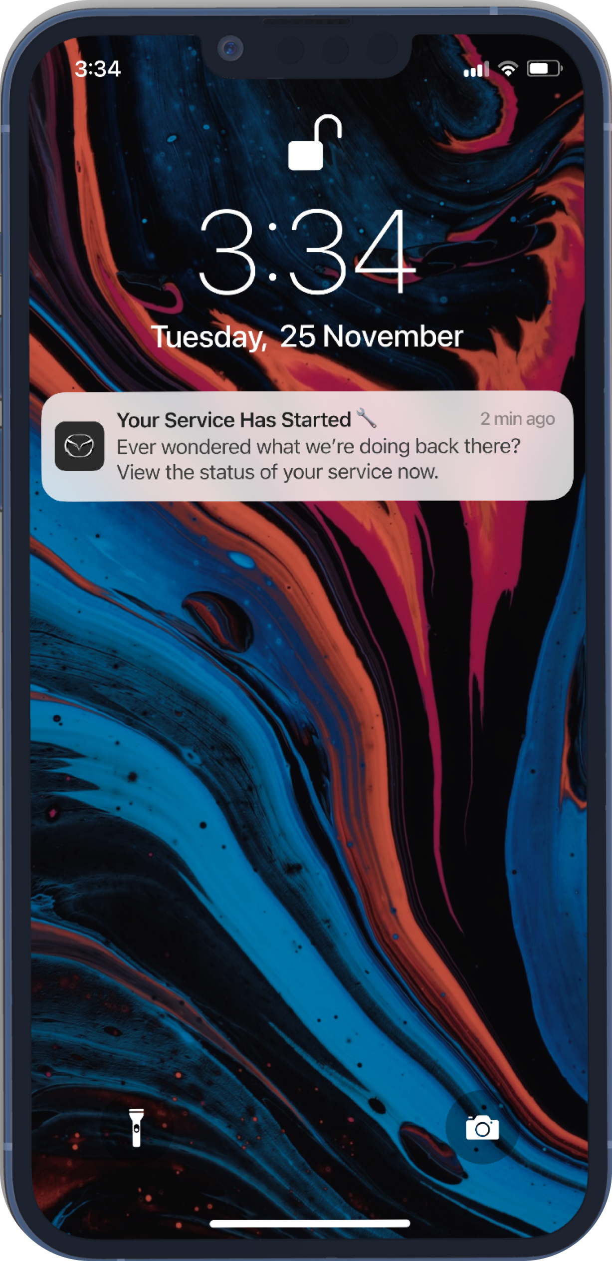A screenshot of an iPhone lockscreen with a notification that a service has started