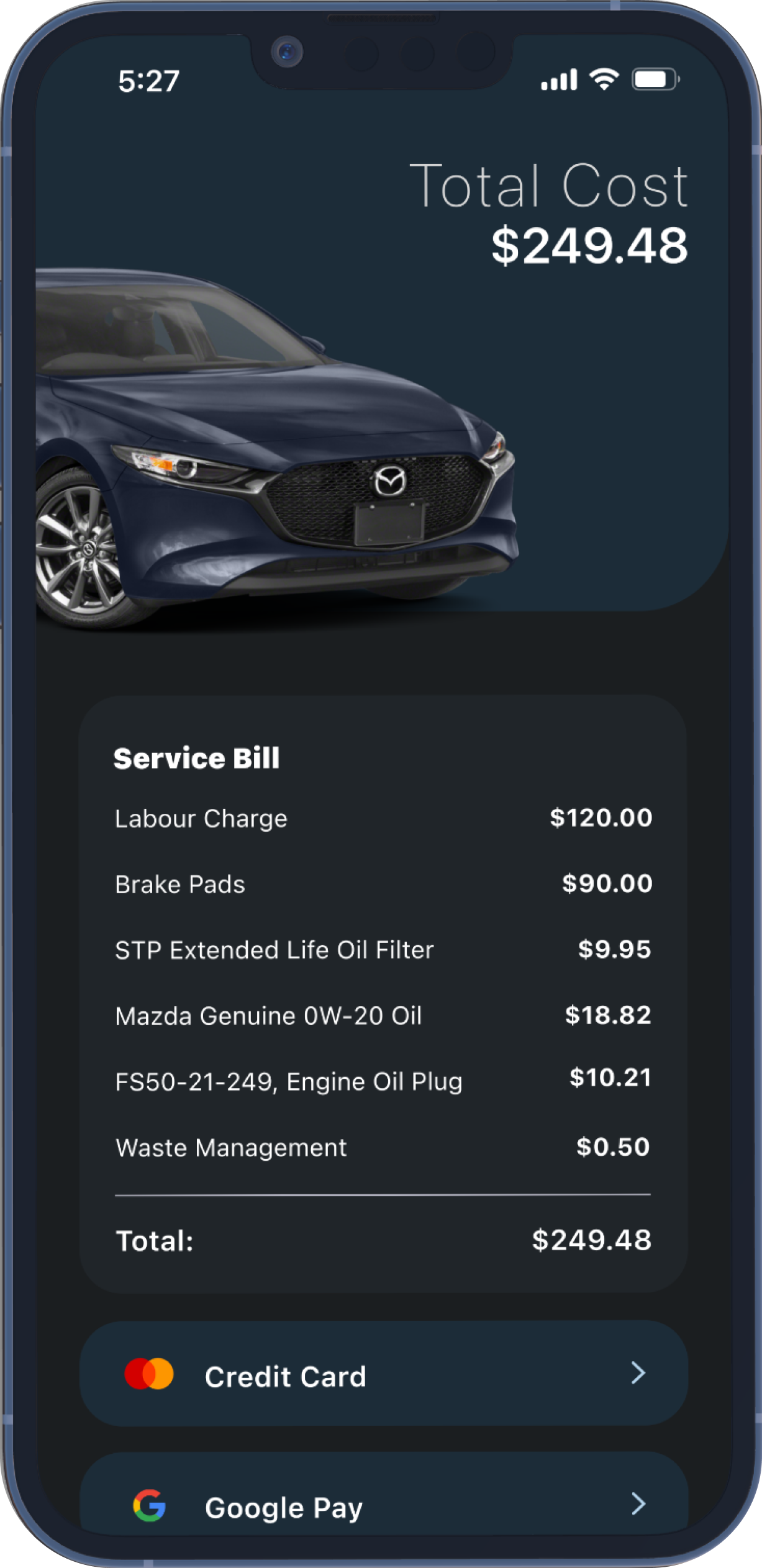 A screenshot of the end of service payment screen