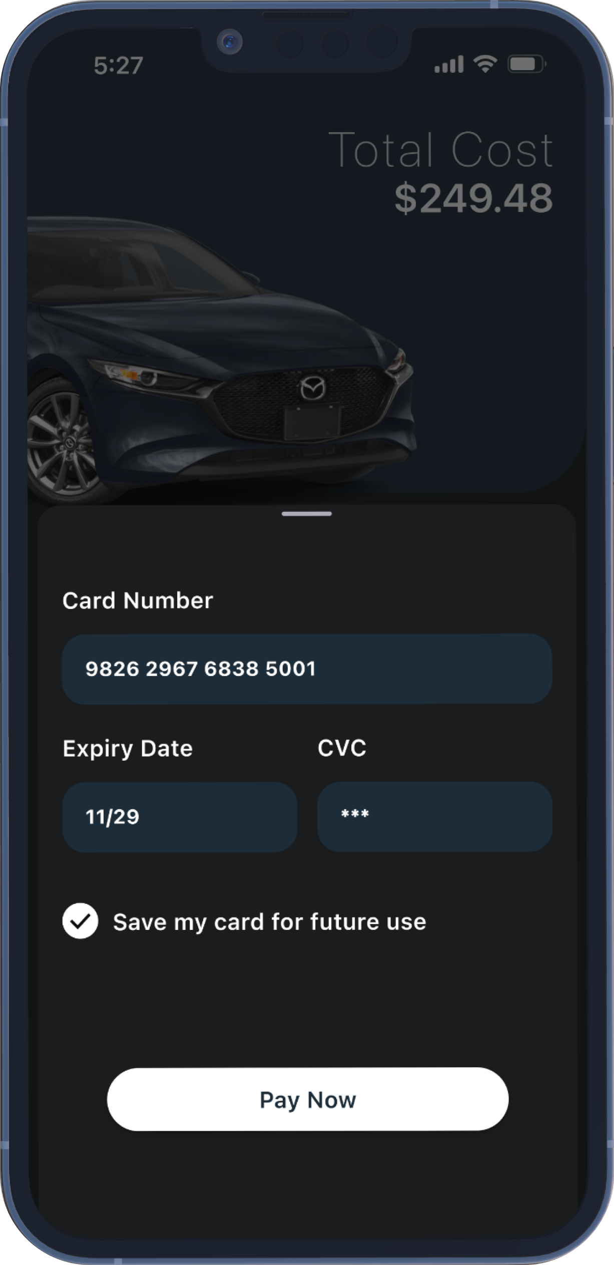 A screenshot of the card input screen
