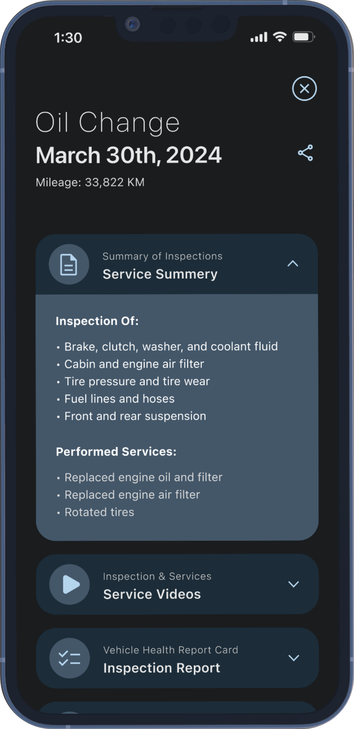 A screenshot of the details from a previous oil change