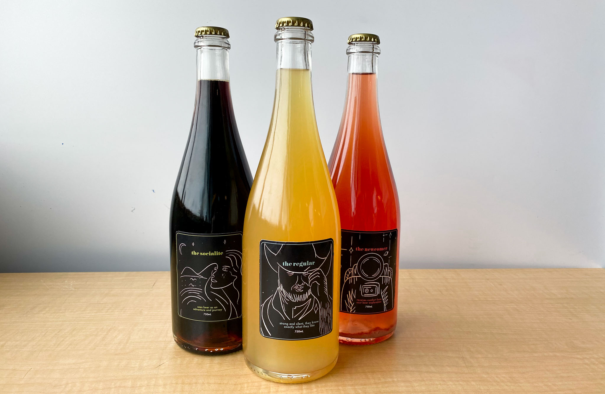 3 bottles representing the newcomer, the regular, and the socialite
