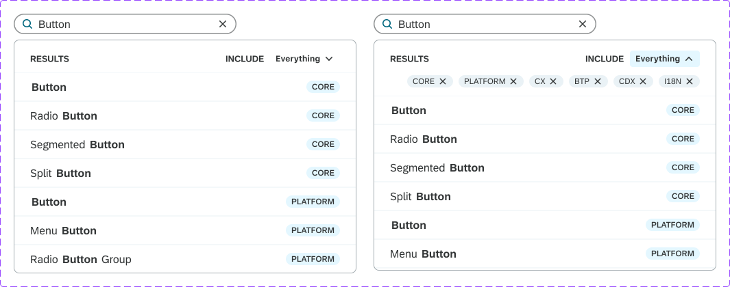 2 screenshots of the Search component; the first showing the default variant, and the second showing an example of a search