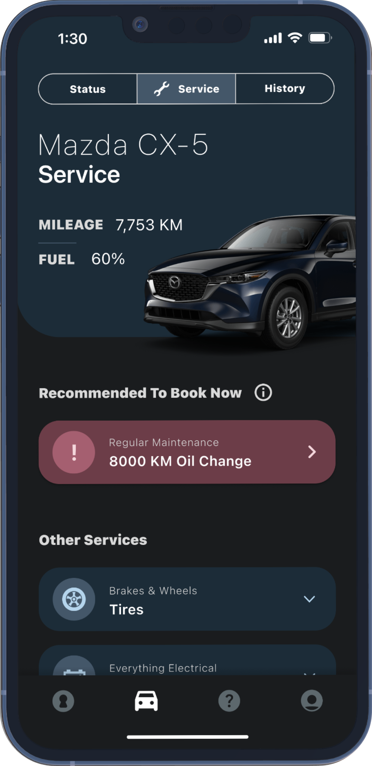 A screenshot of the service screen, identifying a service is due