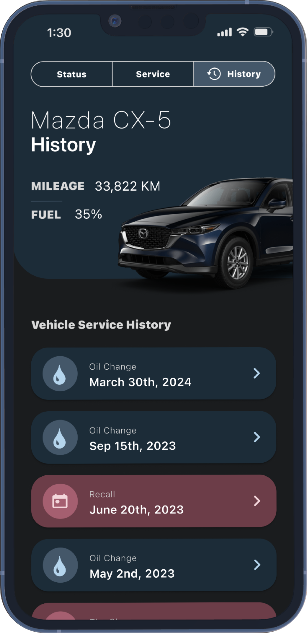 A screenshot of the history screen, showing pervious services and repairs