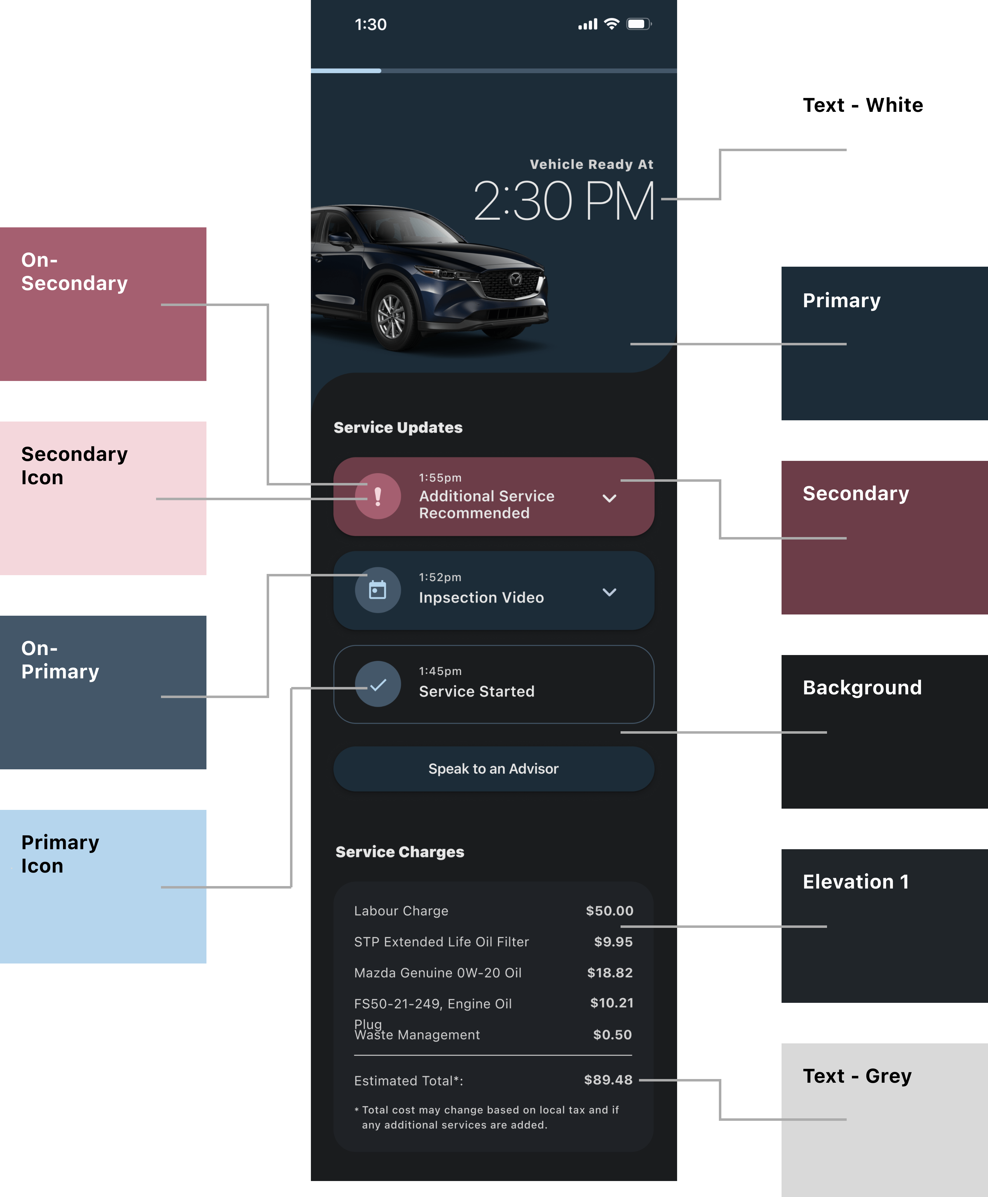 Material Design system showing colour elevations